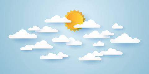 Wall Mural - cloudscape, blue sky with clouds and sun, paper art style