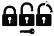© Om Yos - Simple Vector Silhouette Padlock, Locked, Opened and Broken, isolated on white