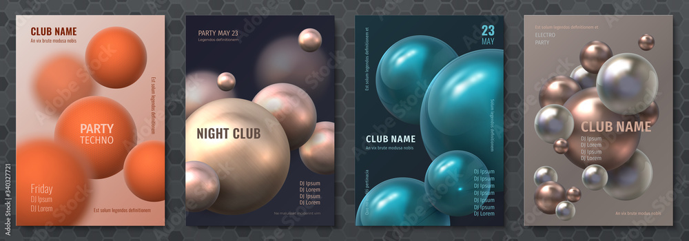 Abstract sphere poster. Modern brochure with realistic 3D plastic balls, music party flyer template. Vector illustration background with colorful geometric orbs for club festival - obrazy, fototapety, plakaty 
