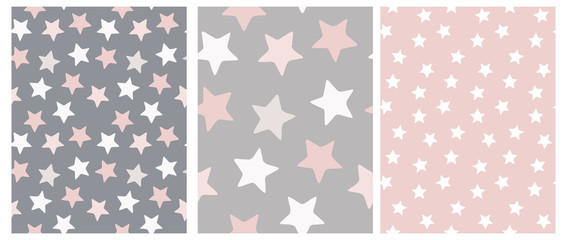 Wall Mural - 3 Varius Star Vector Patterns. Irregular Hand Drawn Simple Starry Sky Print. Nursery Backdrop. Infantile Style Design. White, Gray and Pink Stars on a Gray and Pink Layout. Carpet, Fabric Pattern. 