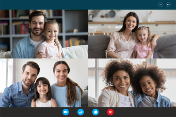 Modern technology, visual virtual on-line meeting using pc internet connection and webcam concept. Diverse families involved in video conference, laptop screen webcamera view, easy and convenient app