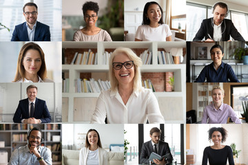Wall Mural - young and mature businesspeople using videoconference application, engaged in on-line meeting workin