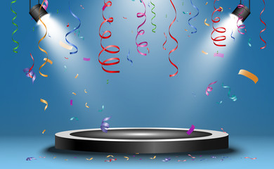 Poster - Winner background with signs of first, second and third place on a round pedestal. Vector winner podium sports symbols.
