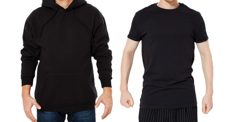 Black Hoody T-shirt mock up set isolated front view, man in black hoody and man in t shirt mockup set isolated on white background. Two guys in empty black hoodie and tshirt collage