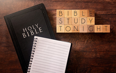 Poster - Bible Study Tonight in Block Letters on a Wooden Table with a Holy Bible