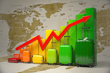 Growth travel and tourism industry. Graph and diagram from suitcases on the map of world.