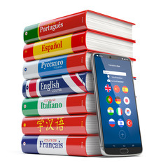 Poster - Mobile dictionary, translator  and e-learning.concept . Learning languages online.  Smartphone and books with language courses.