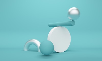 Poster - Abstract blue background with figures in balance. Backdrop design for product promotion. 3d rendering