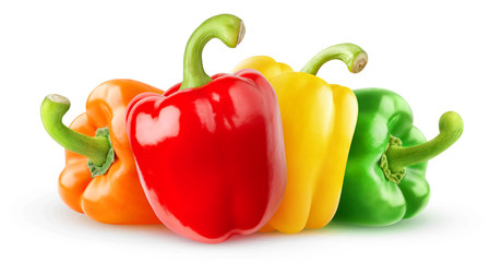 Wall Mural - Isolated peppers. Four bell peppers of different colors (red, green, yellow, orange) in a row  isolated on white background