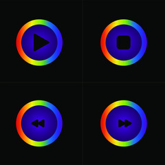 Video, audio player buttons in a black background. Rainbow colors.  Colorful vector illustration. Set of four icons.