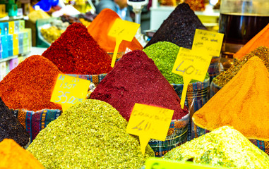 Spices stall in grand bazaar of Istanbul, Turkey.	