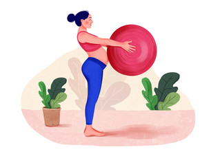 Illustration of Attractive pregnant woman working out, pregnant woman stretching exercise on fitness ball at home with lots of indoor plants.