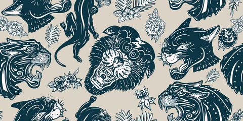 Wall Mural - Black panthers head and roses flowers, vintage seamless pattern. Old school tattoo style. Wild cats in jungle, animals background. Traditional tattooing style