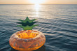 Inflatable pineapple floating in sea. Close up shot of rubber ring with space for text. Summer concept. Top view, copy space.
