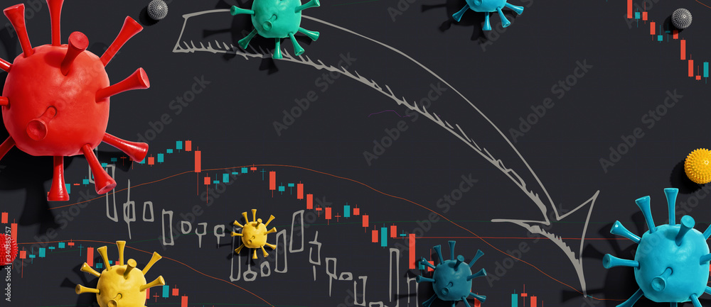 Stock market crash theme with viruses and downward stock price charts - obrazy, fototapety, plakaty 