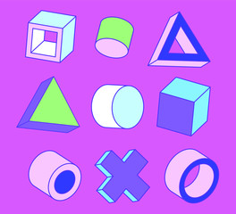 Aufkleber - Set of simple geometic 3D elements in bauhaus neo-memphis retro style, colored in punchy pastel color scheme. Abstract geometric background for poster, cover, print.