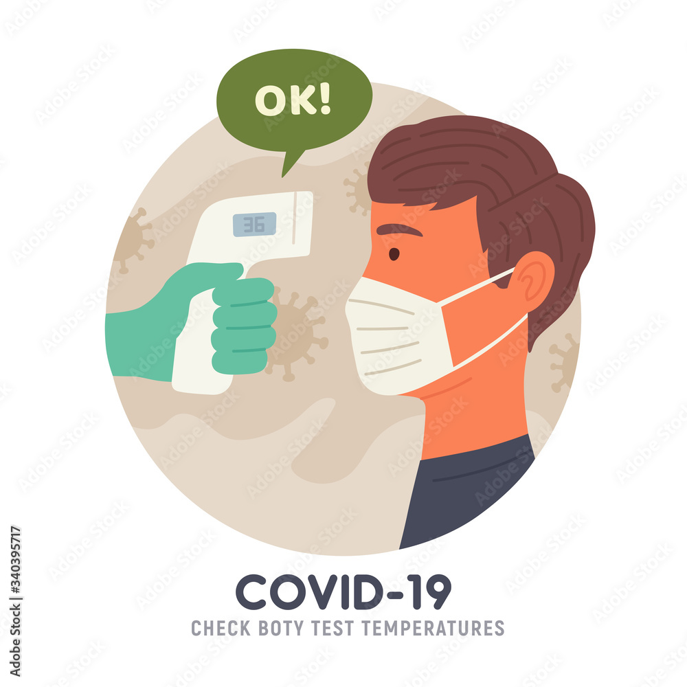 Body temperature check before entry. Non-contact thermometer. COVID-19. Coronavirus. Vector illustration - obrazy, fototapety, plakaty 