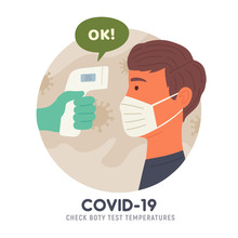Body Temperature Check Before Entry. Non-contact Thermometer. COVID-19. Coronavirus. Vector Illustration
