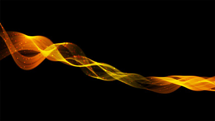 Poster - Abstract dark background with fire or gold curves. Light line gold swirl effect. Vector glitter light fire flare with sparkling particles on black background. Magic sparkle swirl magic effect.