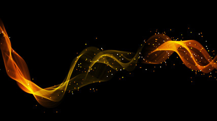 Leinwandbilder - Abstract dark background with fire or gold curves. Light line gold swirl effect. Vector glitter light fire flare with sparkling particles on black background. Magic sparkle swirl magic effect.