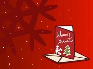 Wall Mural - Red vector Christmas background with a greeting card, an envelope, falling snow and a big snowflake