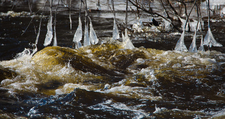 Wall Mural - Glace en bordure d'une rivière au printemps au Canada, Québec