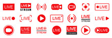 Set Of Live Streaming Icons. Set Of Video Broadcasting And Live Streaming Icon. Button, Red Symbols For TV, News, Movies, Shows - Stock Vector