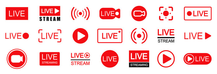 Fototapete - Set of live streaming icons. Set of video broadcasting and live streaming icon. Button, red symbols for TV, news, movies, shows - stock vector