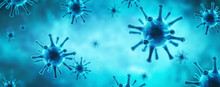 Coronavirus Or Flu Virus Banner, 3d Illustration, Microscopic View Of Pathogen SARS-CoV-2 Corona Virus In Cell On Blue Background.