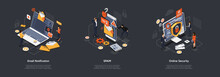 Isometric Online Security, Spam, Email Notifications And Data Protection. Developers Are Creating Malware Protection For Customer From Negative Emails And Computer Viruses. Vector Illustrations Set