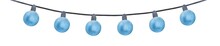 Hanging Decorative String Lights With Blue Round Glass Bulbs And Black Cable. Hand Drawn Watercolour Paint On White, Cutout Clipart Detail For Design, Card, Poster, Banner, Special Event Decoration.
