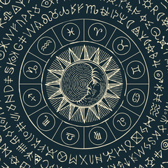 Wall Mural - Vector illustration of the Zodiac signs in retro style with Moon, Sun and magic runes written in a circle on a black bacdrop. Hand-drawn banner with twelve horoscope symbols for astrological forecasts