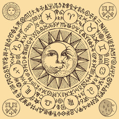 Poster - Vector banner with the Zodiac signs, Moon, Sun and magic runes written in a circle on the old paper background. Hand-drawn illustration in retro style with horoscope symbols for astrological forecasts