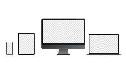 Poster - Devices with transparent screen template. Realistic vector illustrations of smartphone, tablet, desktop and laptop in dark grey colours. For use in mockups and presentations.