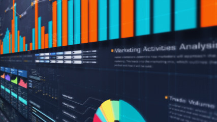 Aufkleber - Business stock market, trading, info graphic with animated graphs, charts and data numbers insight analysis to be shown on monitor display screen for business meeting mock up theme