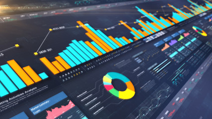 Business stock market, trading, info graphic with animated graphs, charts and data numbers insight analysis to be shown on monitor display screen for business meeting mock up theme