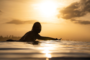 Wall Mural - Surfer rowing at sunrise in the ocean silhouette 