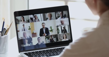 Wall Mural - business woman remote worker video conferencing boss and colleagues by online call, employees team c