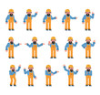 © paper_owl - Set of worker characters showing various hand gestures. Worker with hard hat pointing, showing thumb up, victory sign and other gestures. Flat design vector illustration