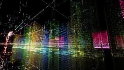 Abstract virtual city inside a computer system. Hologram 3D Big Data Digital City. Digital buildings with a binary code particles network. Technological and connection motion background. Looped