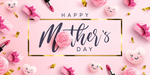 Wall Mural - Mother's Day Poster or banner with sweet hearts and pink gift box on pink background.Promotion and shopping template or background for Love and Mother's day concept.Vector illustration eps 10