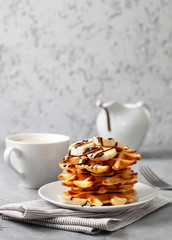 Poster -  waffles with banana and chocolate sauce