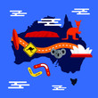 Mapa Australii z rozpoznawalnymi symbolami Australii.
Cartoon Australia continent map with  famous symbols of Australia. Vector illustration. 