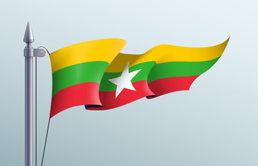 Myanmar flag state symbol isolated on background national banner. Greeting card National Independence Day of the Republic of the Union of Myanmar. Illustration banner with realistic state flag.