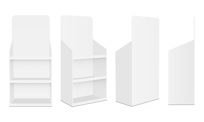 Blank POS display stands with various views isolated on white background. Vector illustration