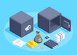isometric vector image on a blue background, closed and open safe and objects that are stored in it, such as money and securities, as well as gold