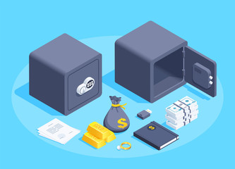 isometric vector image on a blue background, closed and open safe and objects that are stored in it, such as money and securities, as well as gold