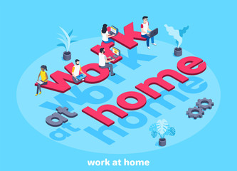 Wall Mural - isometric vector image on a blue background, man and woman work remotely and a big inscription work at home