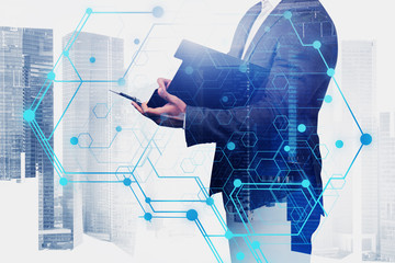 Poster - Man with clipboard in city, AI brain interface