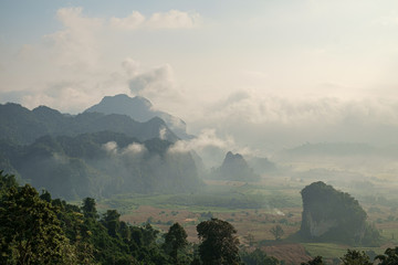 Wall Mural - Traveling to see the sea of mist and sunrise in the morning at the view of Phu Lanka, Phayao Province, Thailand